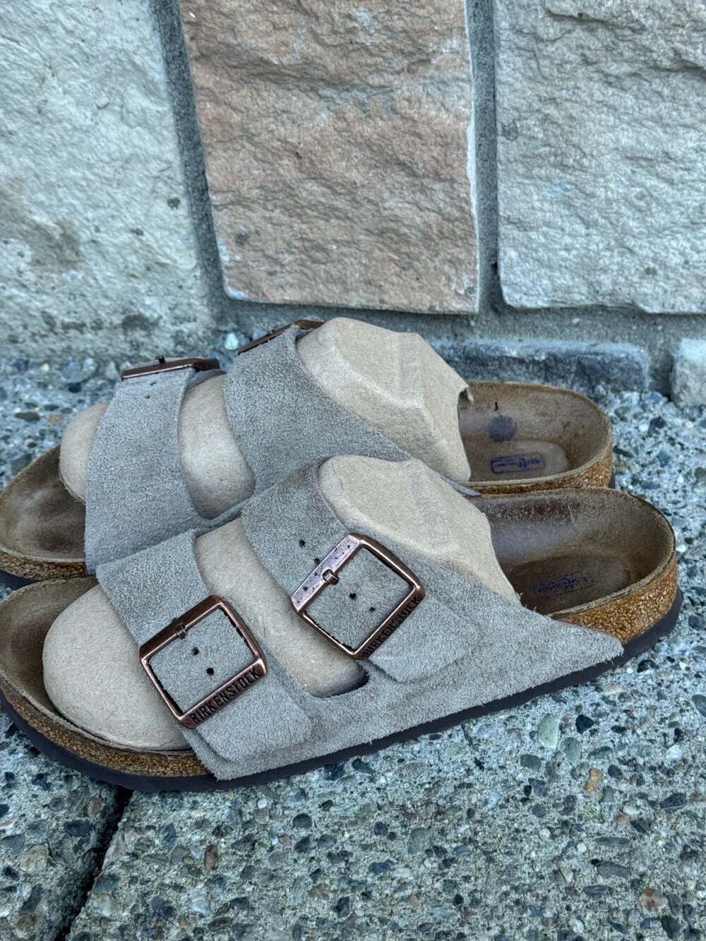 Birkenstock Arizona Soft Footbed Suede Slide Sandals in Taupe Size 38 - Picture 3 of 13